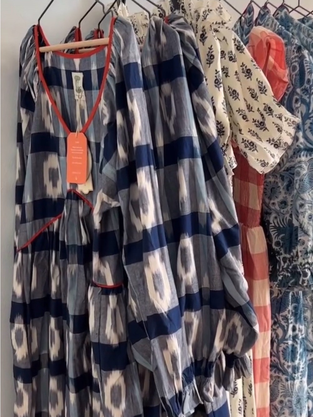 Blue Patterned Maxi Dress with Orange Trim